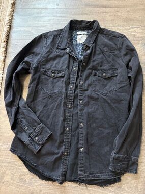 American Eagle Outfitters Black Denim Shirt with Floral Inner